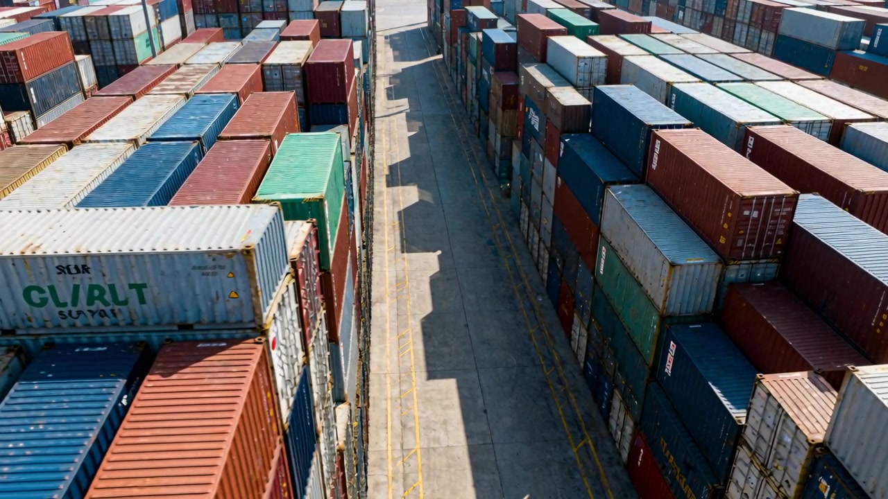 Flyvende drone påbegynder sporing gennem containerstakke, viser en central bane med gule linjer.