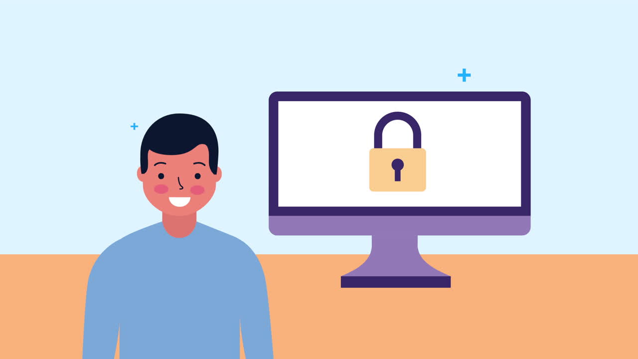 personaggio avatar di uomo d'affari con desktop e lucchetto