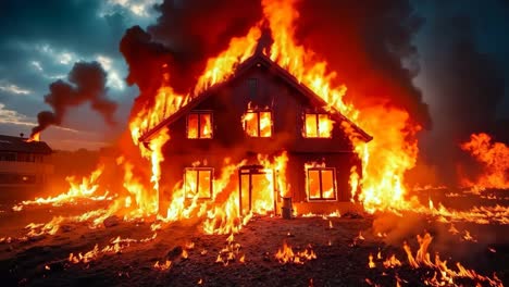 a house on fire in the middle of a field