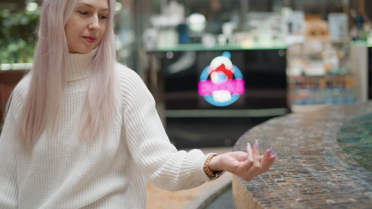 Graceful lady touches water fountain in stylish shopping mall, sitting on tiled bench, glancing around with gentle smile, fingertips skimming fountain surface, ambient lighting reflecting off water