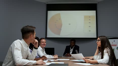 the board of directors reviews the chart on the projector and discusses possible movements in market success and the company's performance. multi ethnic group in the office. work on production growth in the team. discussion of development strategy