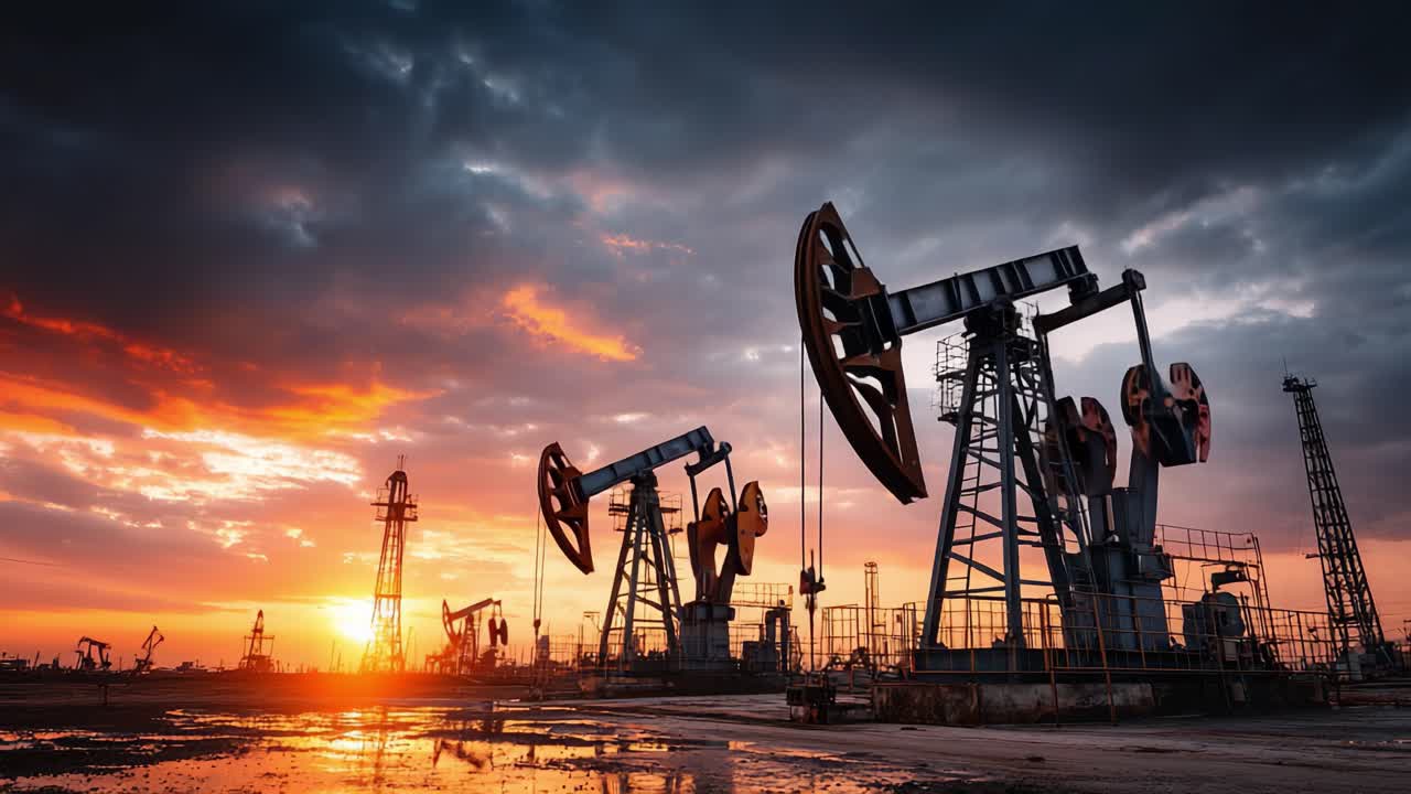 Un Tramonto Maestoso sopra le Piattaforme Petrolifere: La Bellezza dell'Industria e della Natura che si Intrecciano, Mostrando Unità di Pompaggio Sagomate Contro un Cielo Vibrante