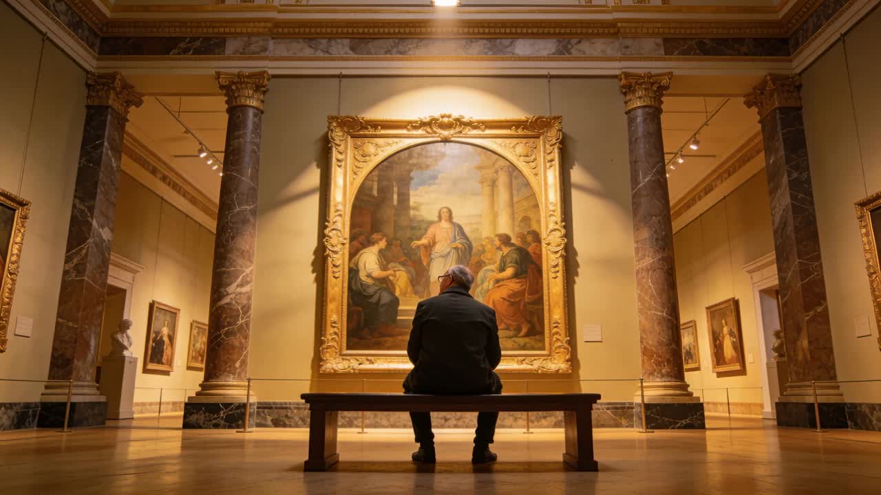Un uomo anziano si siede su una panchina, chinandosi in avanti e studiando un dipinto dorato a scopo didattico.