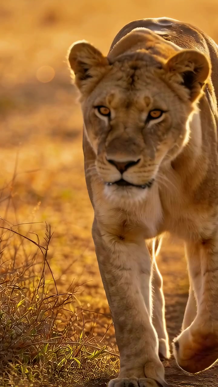 Video verticale: Leonessa che cammina e si avvicina all'obiettivo dopo averlo visto su un sentiero nella savana, con una goccia di saliva