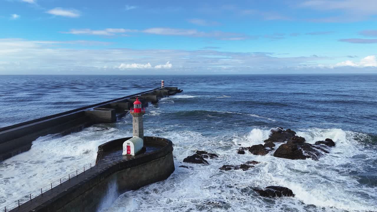 Slow-motion video of Farolim de Felgueiras in Porto Portugal with blue sky