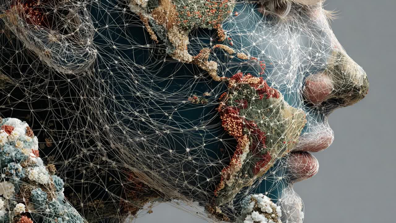 Conceptual animation showing a digital network covering a human face textured with a world map, symbolizing global communication, interconnectedness, artificial intelligence, and globalization