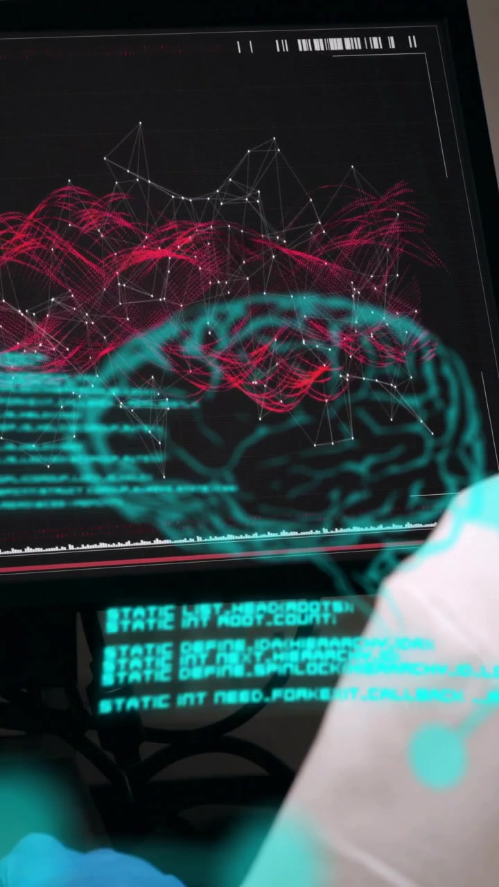 Vertical video: Lab tech observing, monitor running code and revealing turquoise brain for study