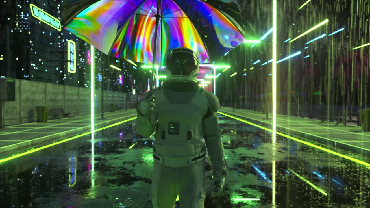 astronauta en una ciudad de tormenta de neón
