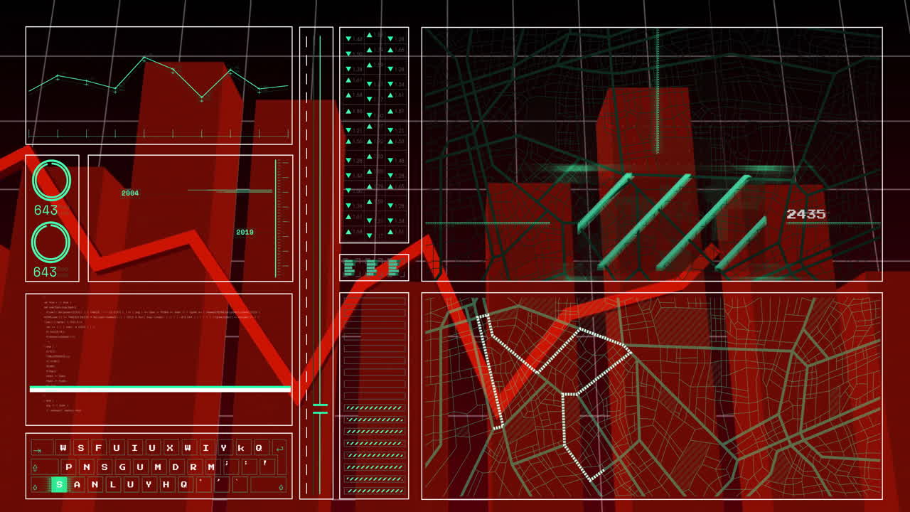 Displaying fluctuating graphs and data analytics, red and green digital interface
