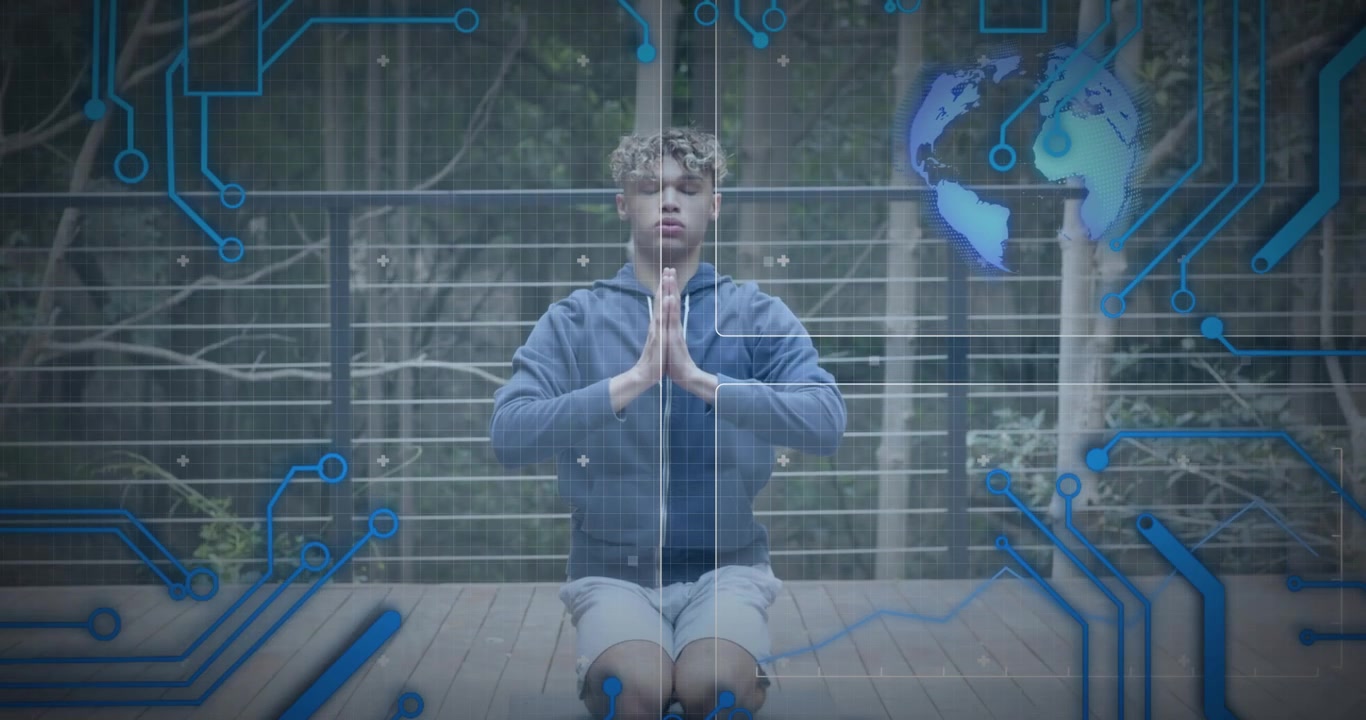 On tech overlay appearing over kneeling man meditating for calm as code lines rotating globe