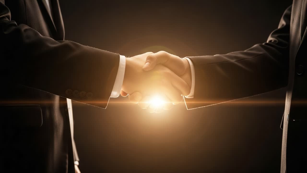 A formal handshake symbolizes agreement and partnership between two professionals, emphasizing trust, collaboration, and the beginning of a new venture or alliance
