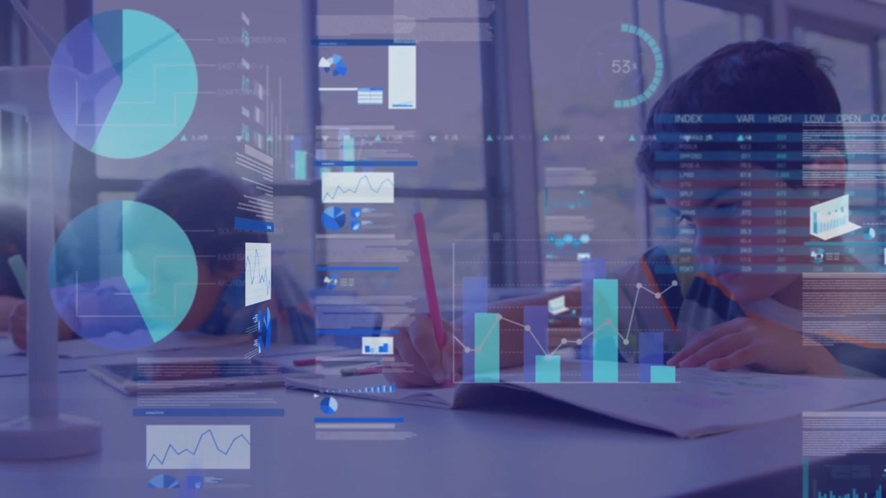 Animation of data processing over diverse schoolchildren in classroom