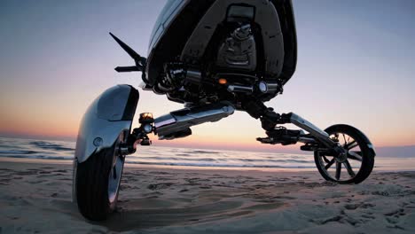 futuristic hovercraft on the beach at sunrise/sunset