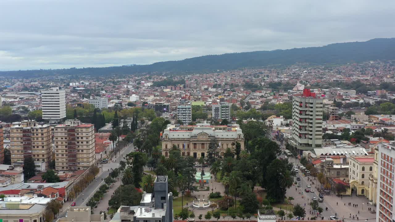 Aerial view of Plaza Belgrano and the Government House in San Salvador de Jujuy, Argentina.