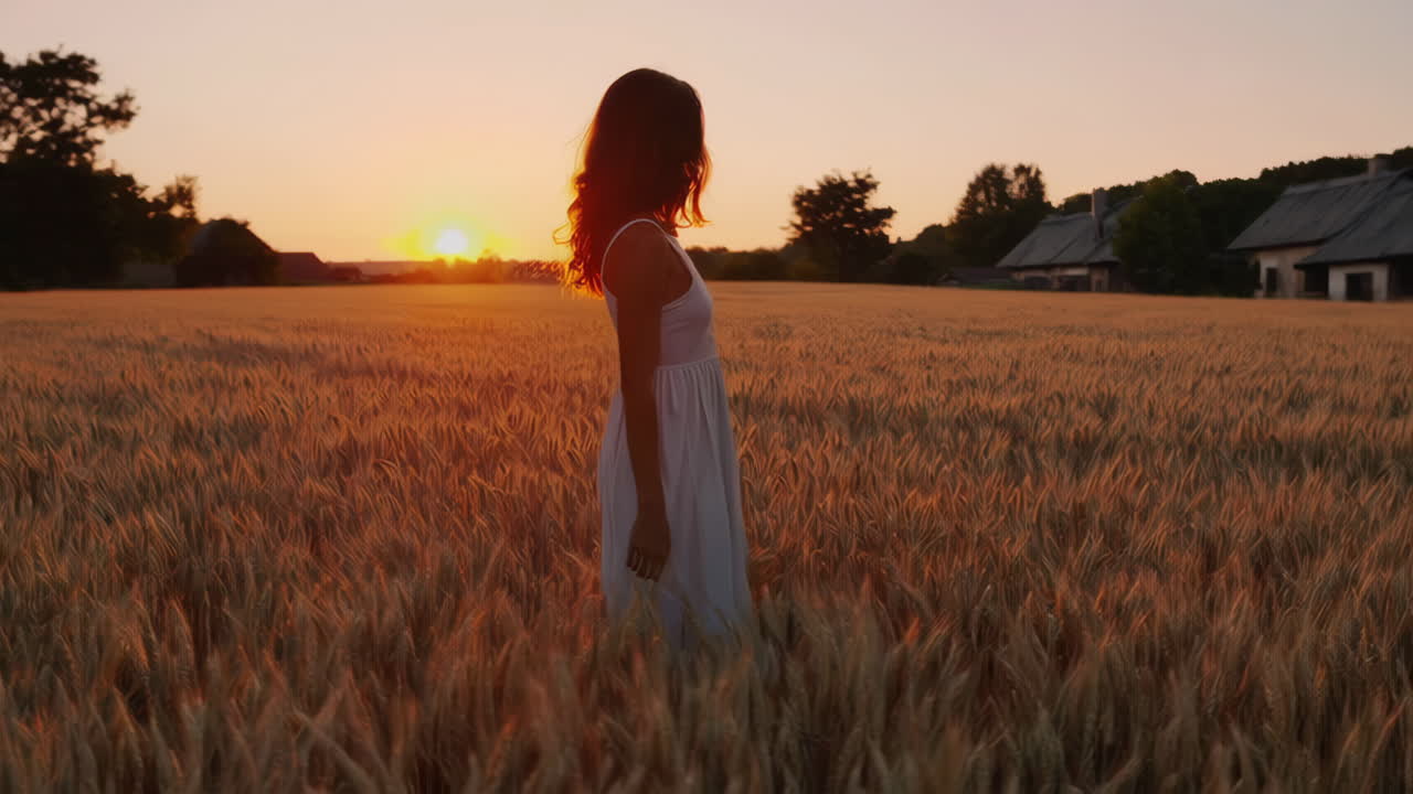 해가 지는 동안 밀에서 고 있는 여자