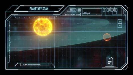 pantalla digital holográfica que muestra un planeta orbitando alrededor de una estrella.