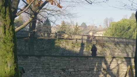 mujer joven mira el móvil en un hermoso parque medieval con la naturaleza que rodea su bergamo, milano, viajes en vivo, viajes, estilo de vida