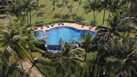 piscina hermosa y tropical con el sol reflejado en el agua, rodeada de palmeras y algunos bungalows encantadores en el fondo, en un día azul claro en la isla de koh kood en tailandia - asia