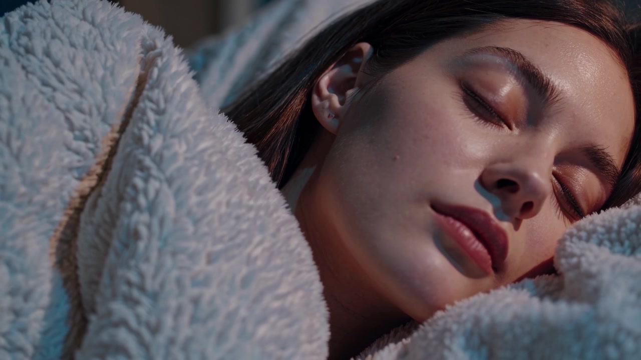 Giovane donna che dorme serenamente sotto una morbida coperta