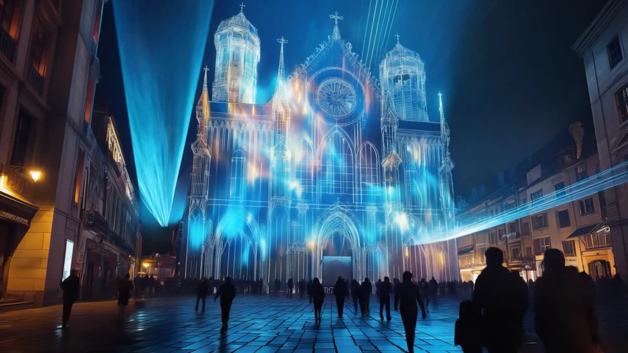 City at Night with Illuminated Church and People