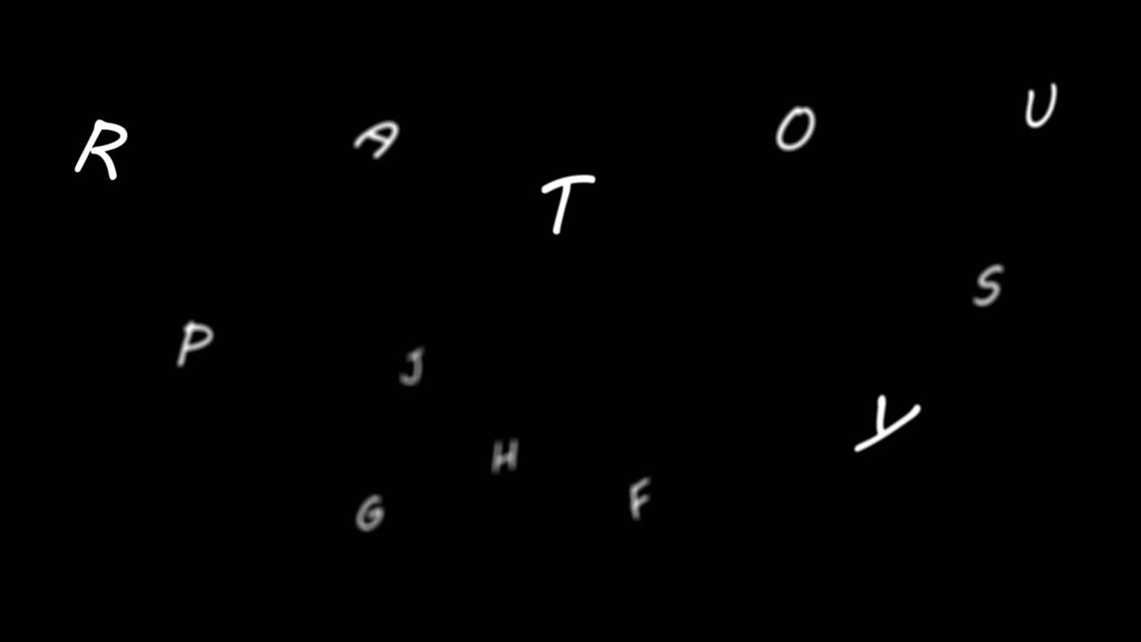 Central clear panel fading in, resolving grid while letters drifting and waves moving showing data