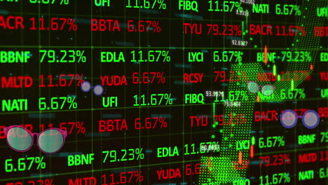animation of graphs with numbers, spectacles and stock market over black background