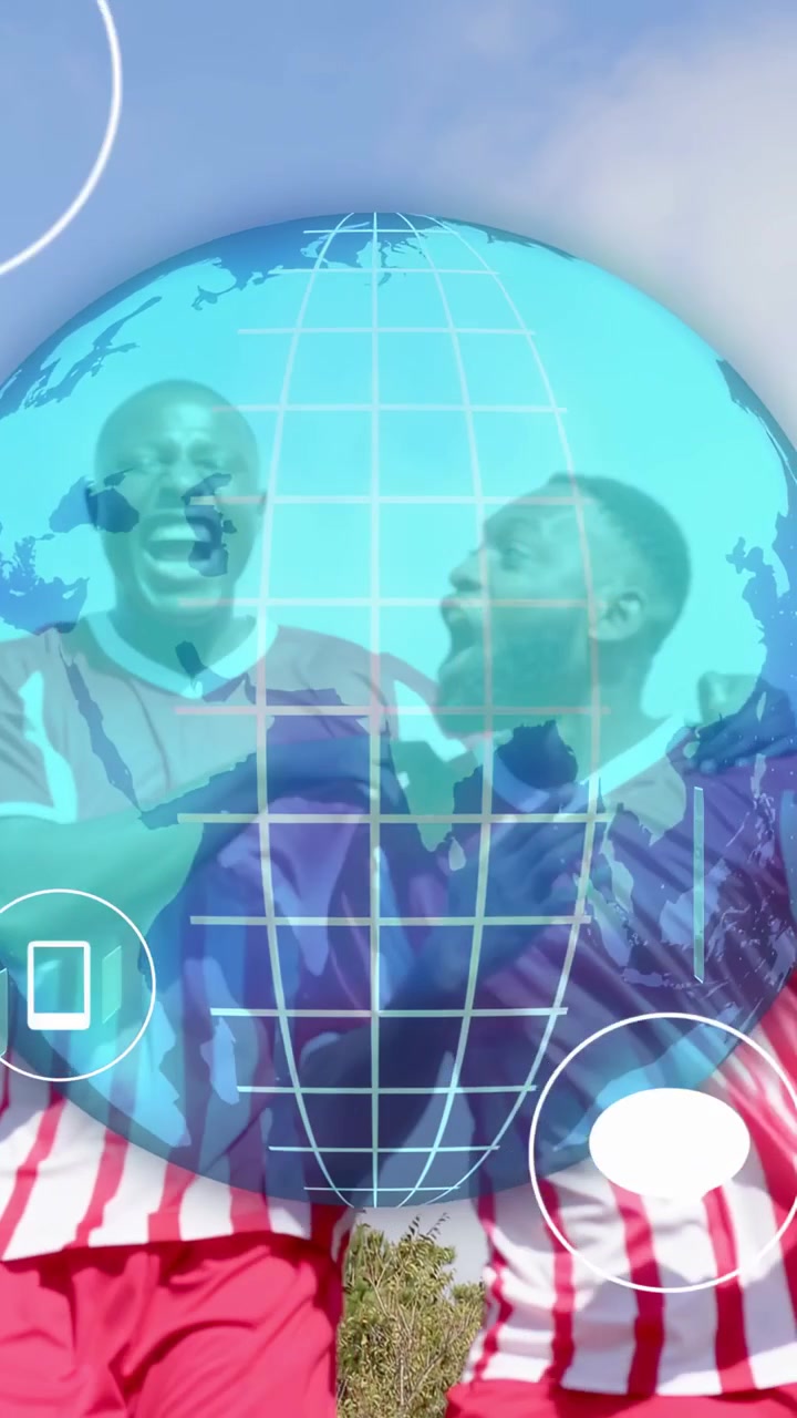 Vertical video: Three players celebrating on sports pitch while globe overlay growing with icons