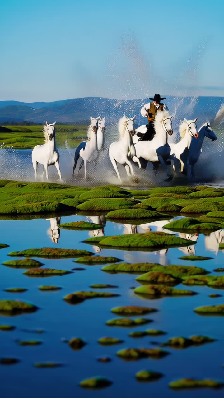 Cowboy and White Horses Galloping Through a Marsh