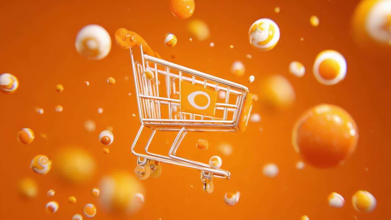A Dynamic Visualization of a Shopping Cart Surrounded by Vibrant Orbs in an Energetic Orange Background, Symbolizing Retail and Online Shopping Experiences