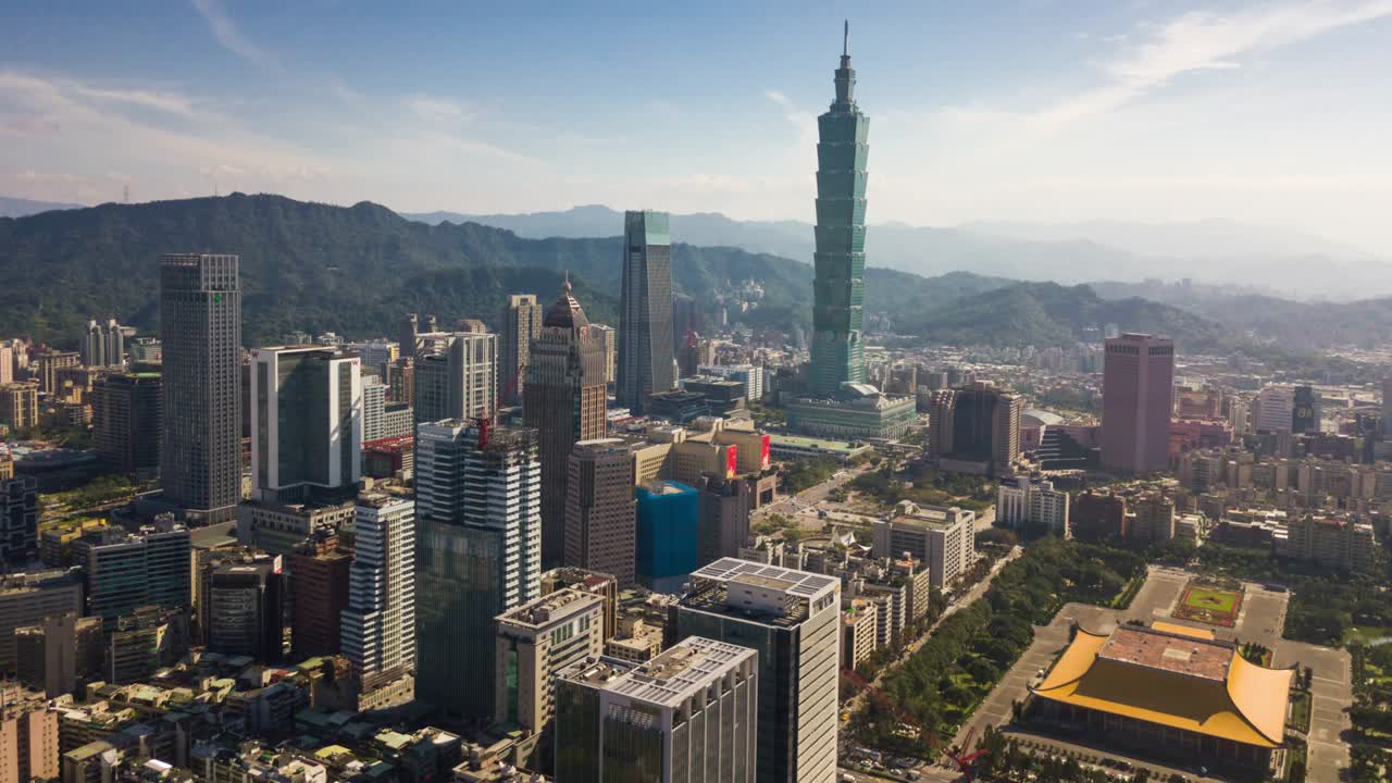タイペイの都市景色有名なタワーダウンタウンパノラマ 4k タイムラップス