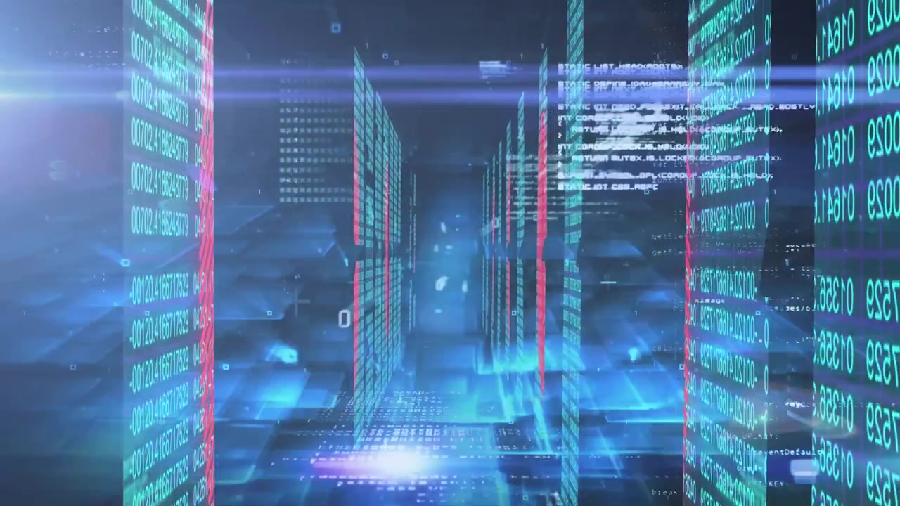 Animation of data processing and shapes over server room