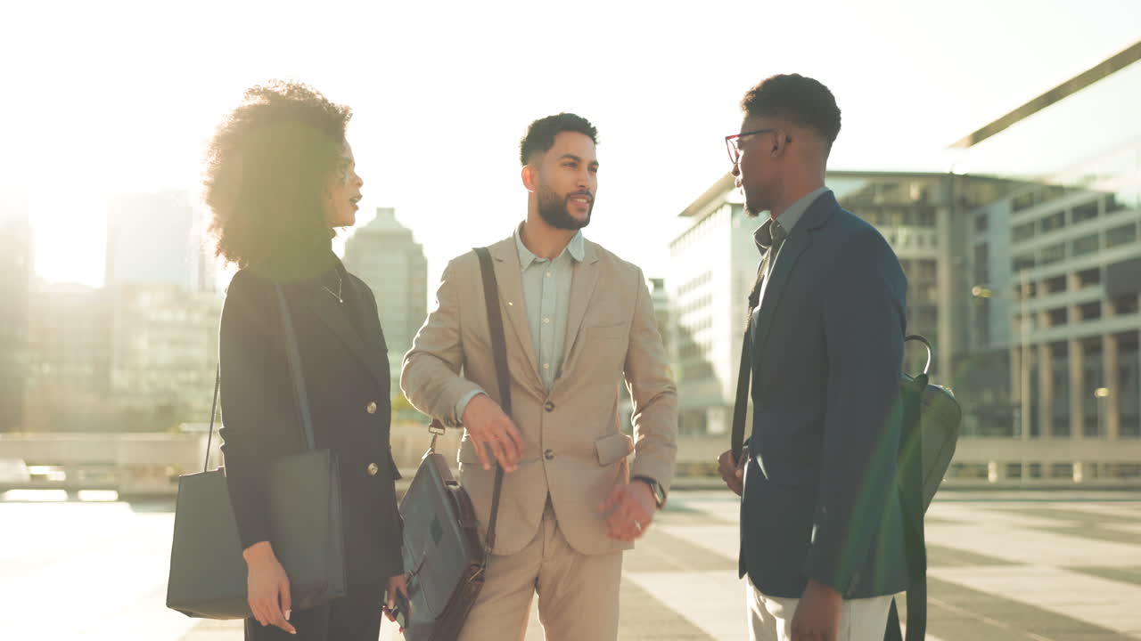 Business people, handshake and team in street