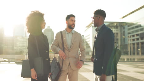 business people, handshake and team in street