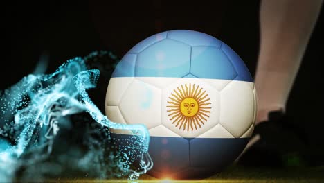 animation of flag of argentina and soccer player kicking football over shapes