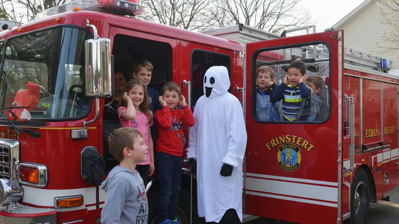 A Fun Day with Firefighters: Kids Enjoy Time on Fire Truck with a Friendly Ghost Character in a Playful Atmosphere