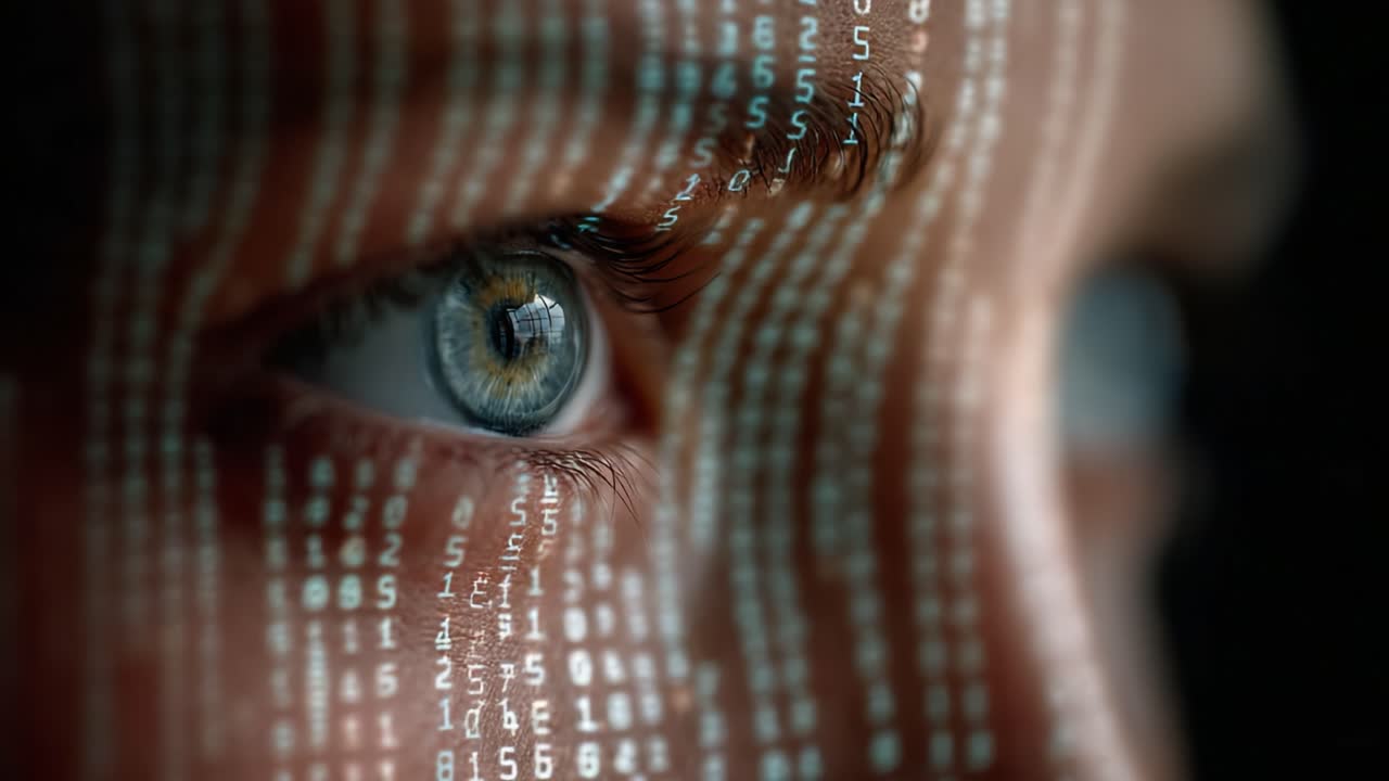 Close-Up of a Human Eye with Digital Binary Code Overlay Symbolizing Technology and Data Processing in the Modern World