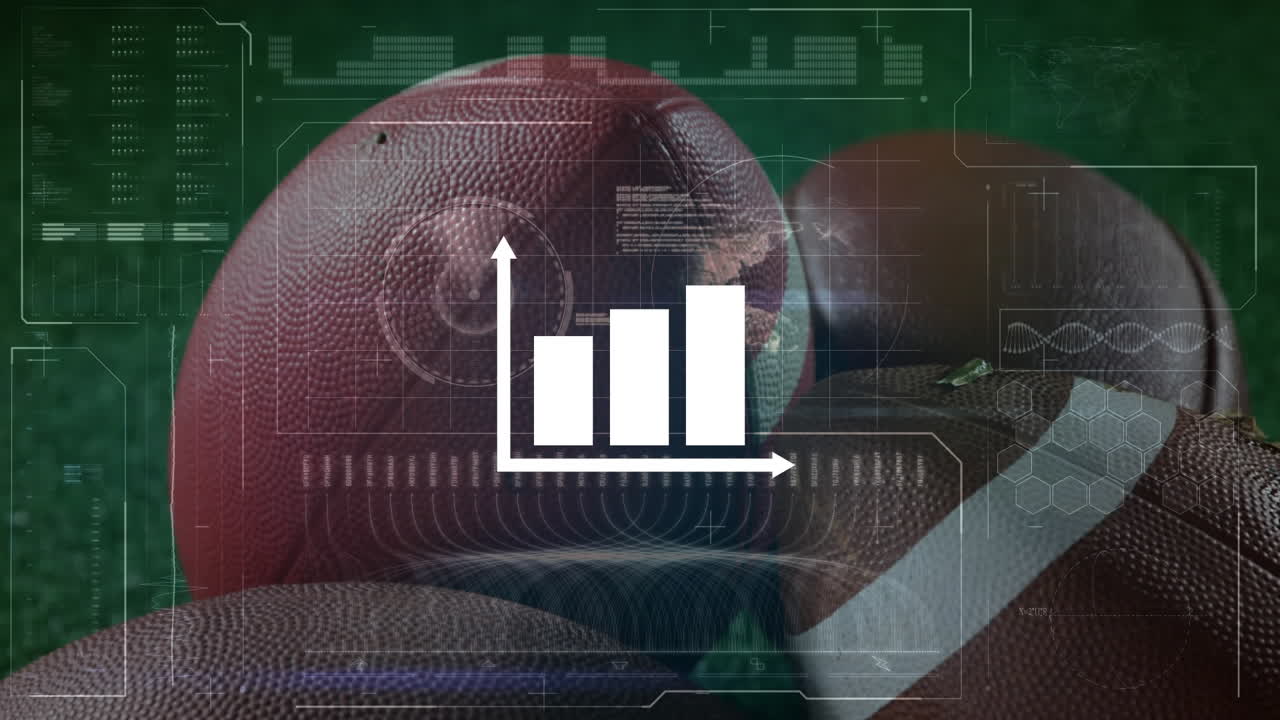 animación de gráficos y procesamiento de datos en pantalla digital sobre una pelota de rugby
