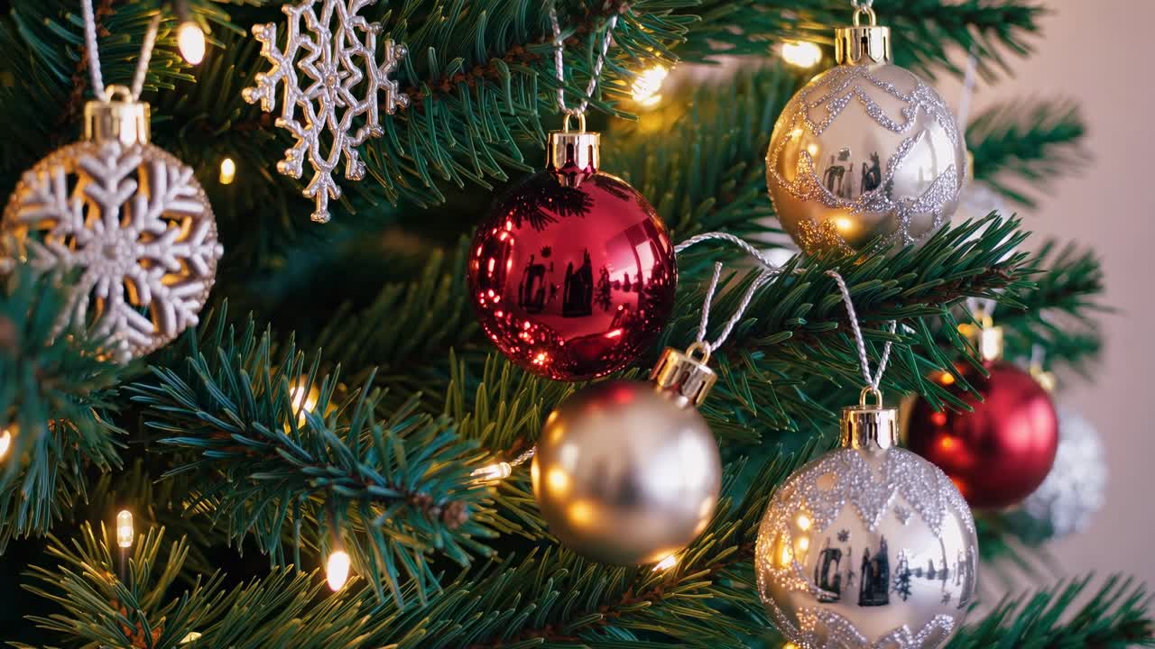 Close-up angle of a festive Christmas tree adorned with ornaments and lights, perfect