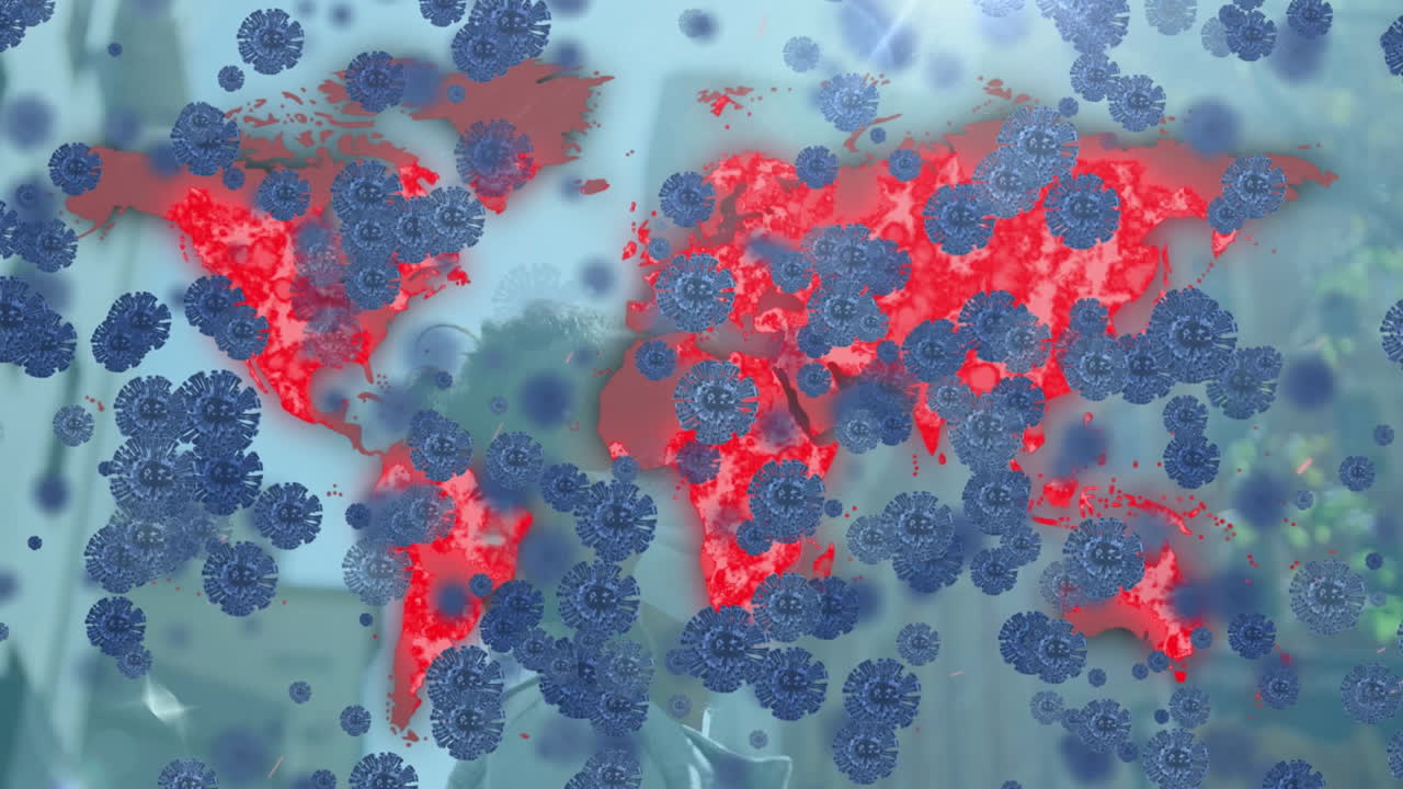 Animation of covid 19 cells over world map and woman in face mask