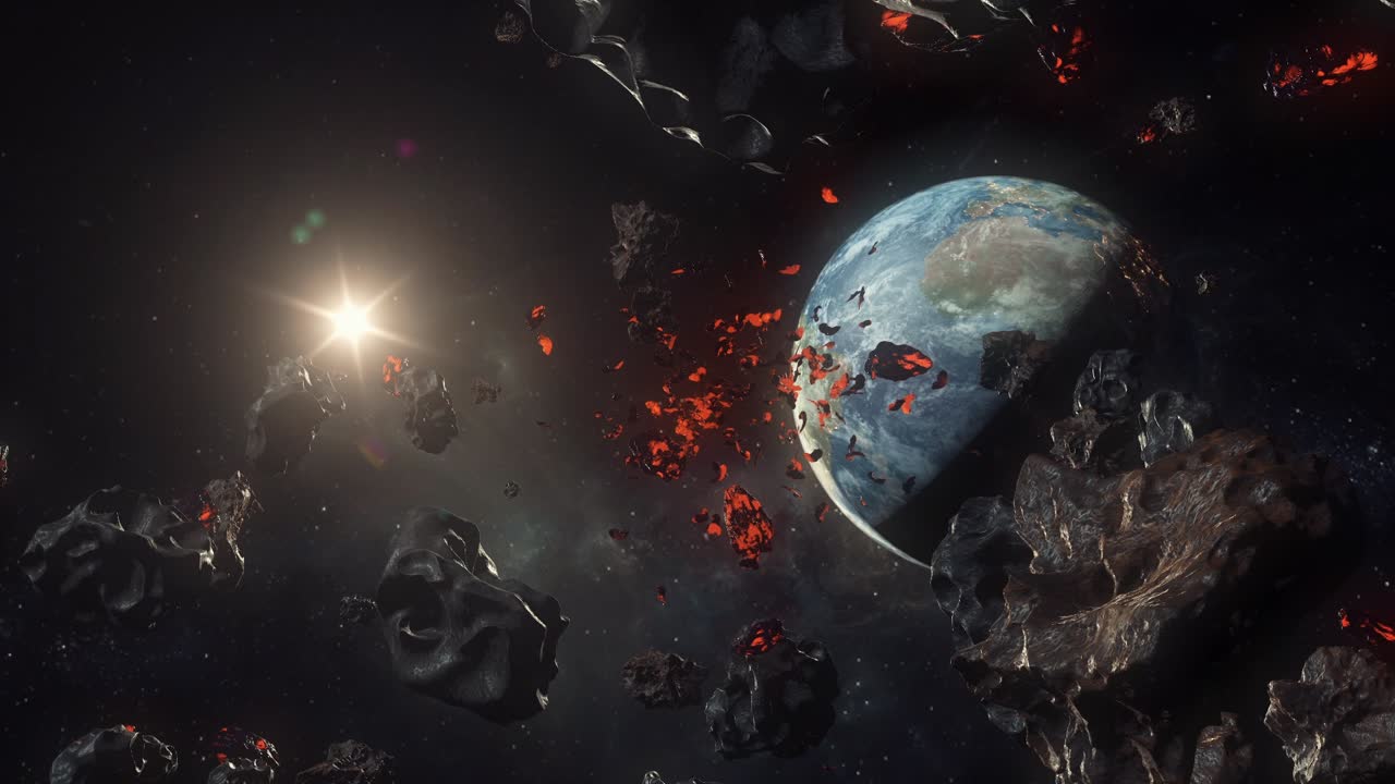 Realistic Space view of asteroids and meteors coming towards Earth for Destruction or collision, Sun can be seen far away