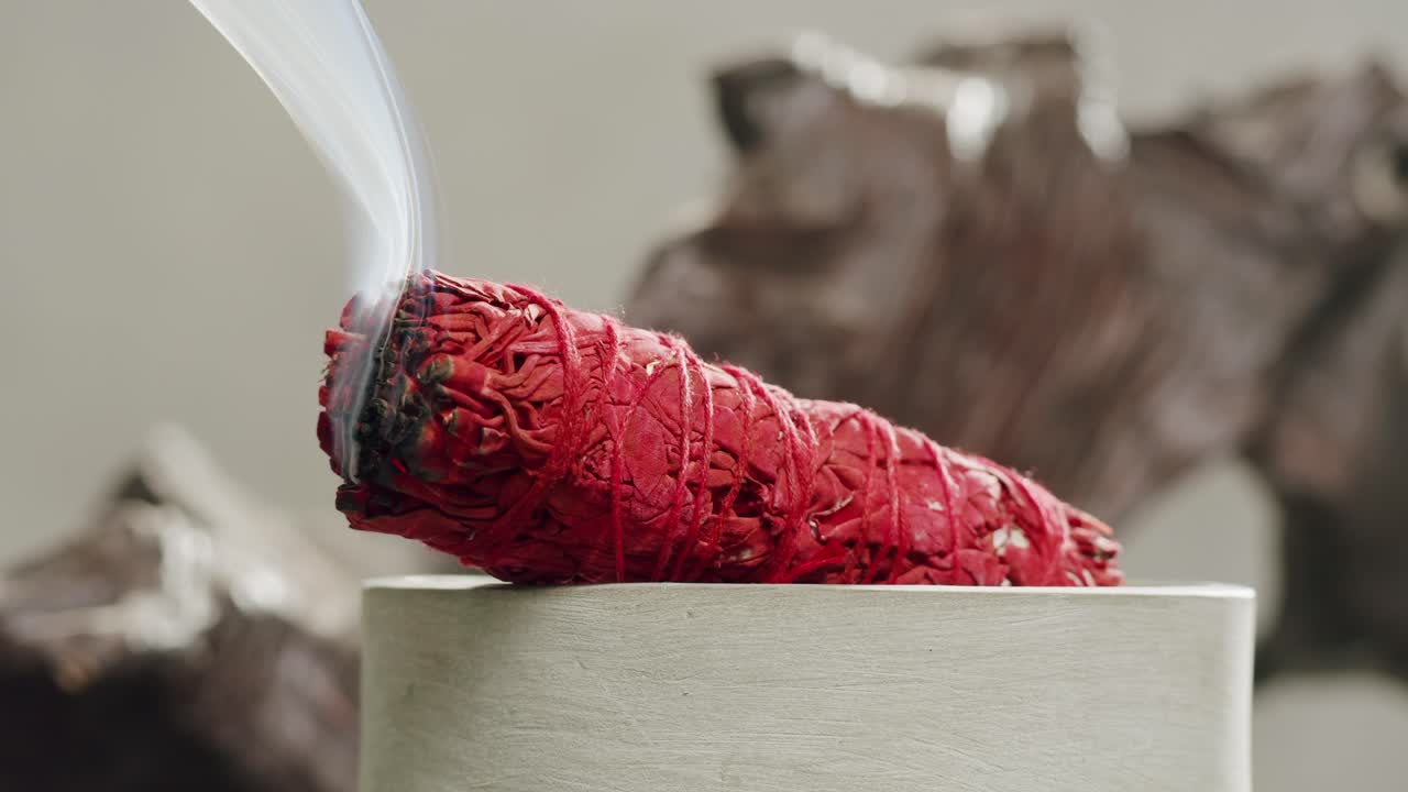 Person holding Palo Santo wood stick in hand, aromatic Palo Santo burning on black background, smoke spreading around, slow motion video clip, high quality 4k close up footage. High quality 4k footage