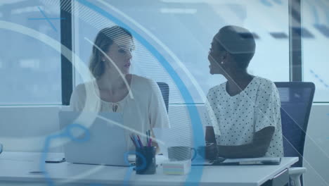 animation of financial data processing over diverse business people in office