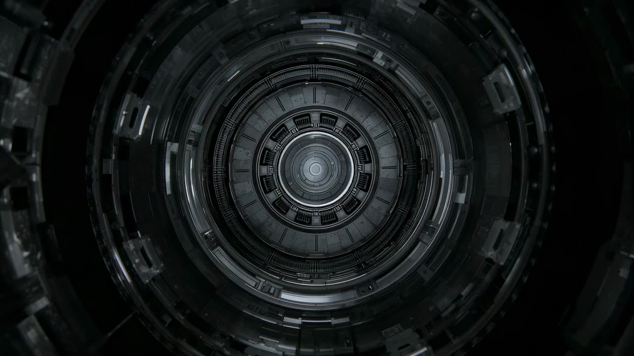 Pulling camera approaching central metal rings and hub inside shaft, revealing panels and cables