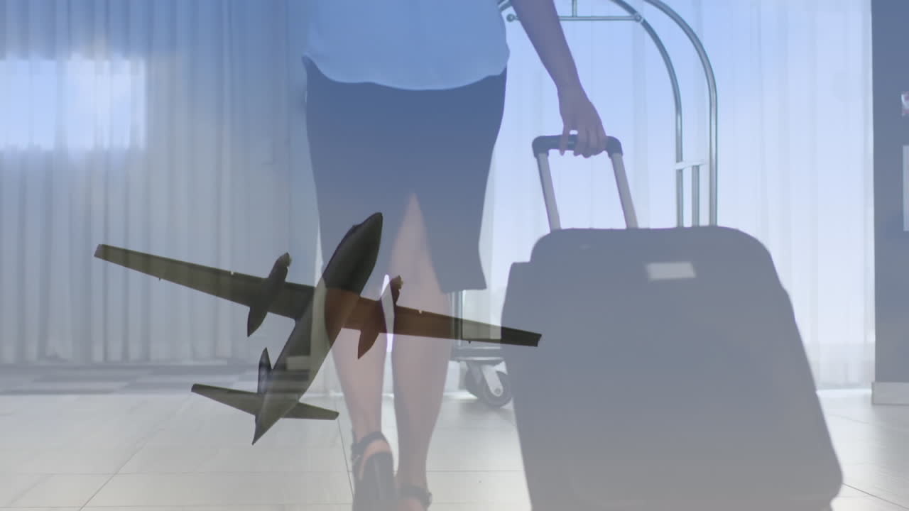 가방 을 들고 있는 코카시안 여성 승무원 위 에 있는 비행기 의 애니메이션