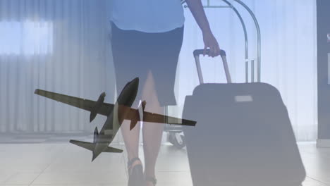 animación de un avión sobre una azafata caucásica con una maleta