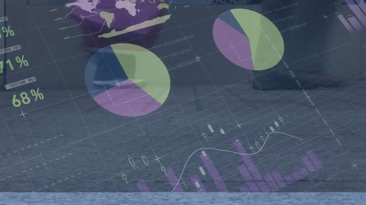 Animation of financial data processing over diverse people walking on street