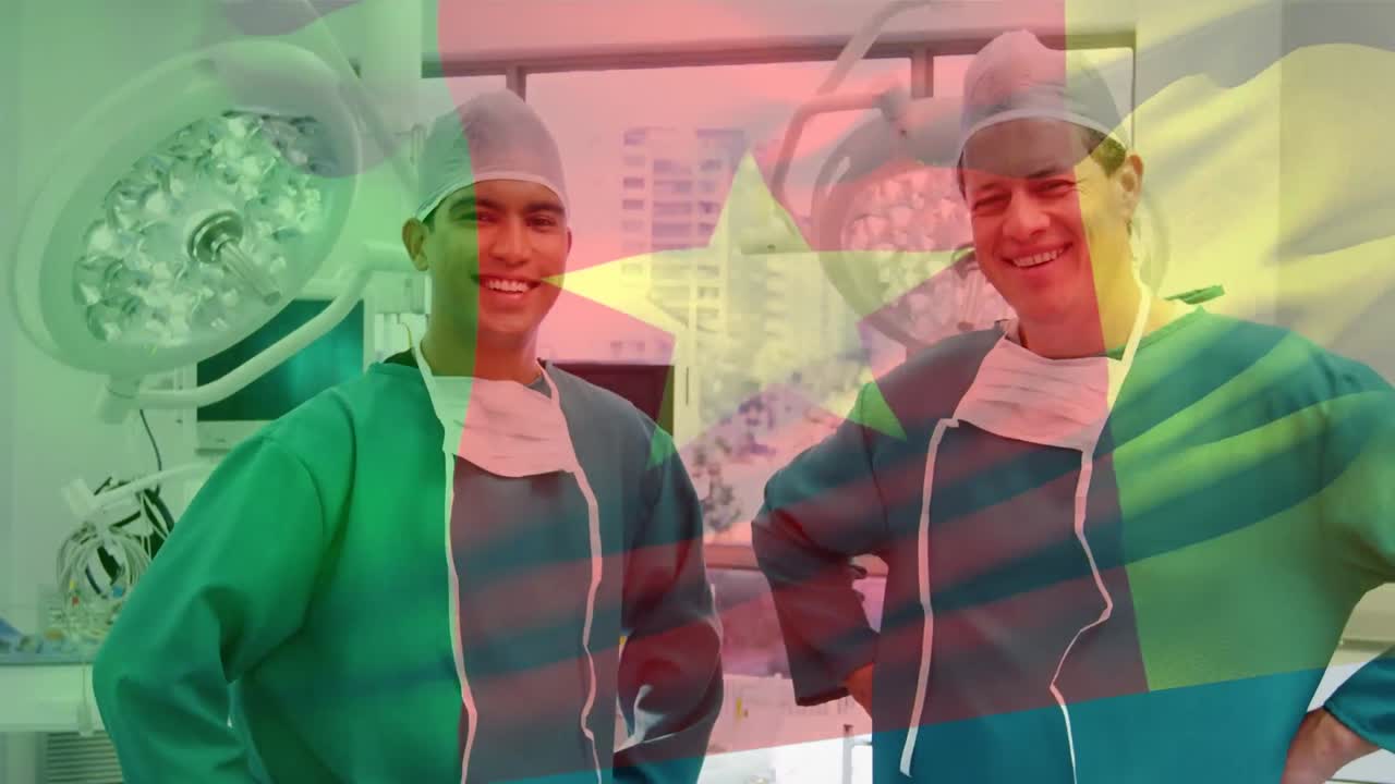 animación de la bandera de camerún sobre varios médicos varones sonriendo