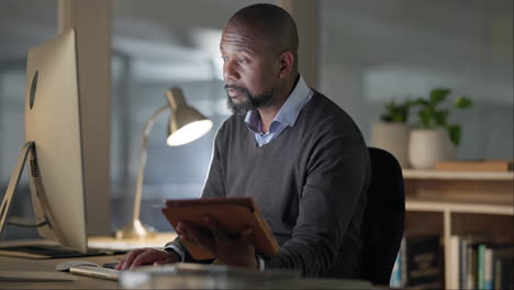 Black-man,-tablet-and-night-on-computer