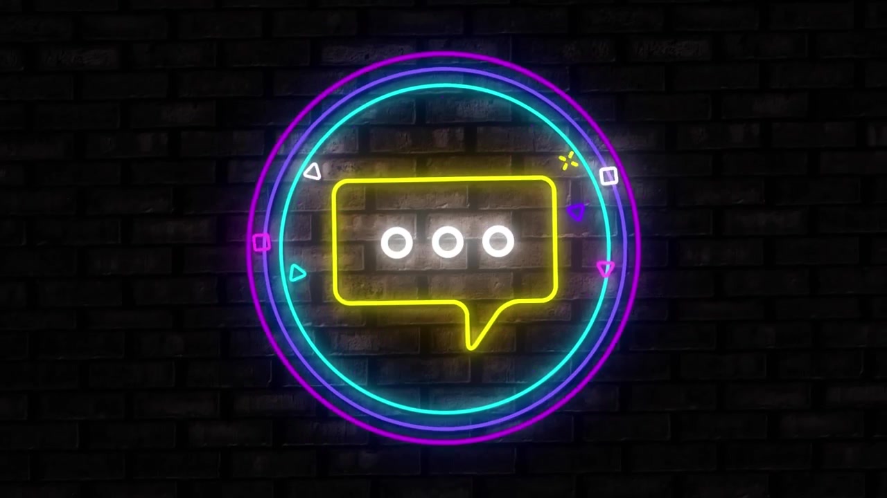 Digital animation of abstract purple shapes over neon yellow message icon against brick wall