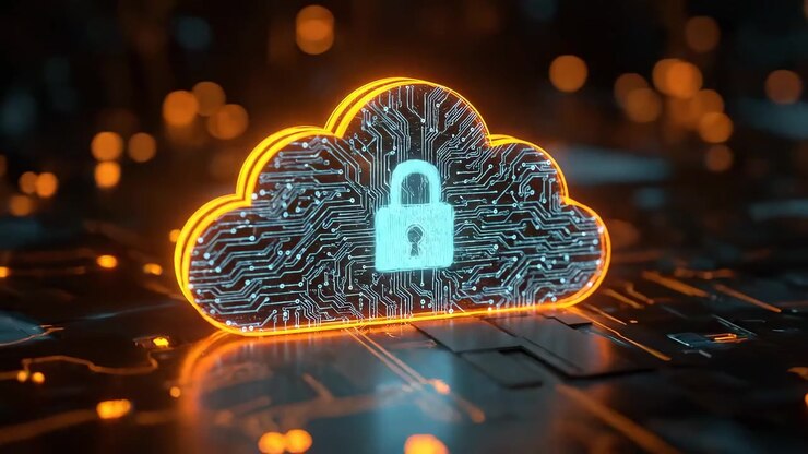 Digitalt cloud computing sikkerhedskoncept med glødende kredsløb